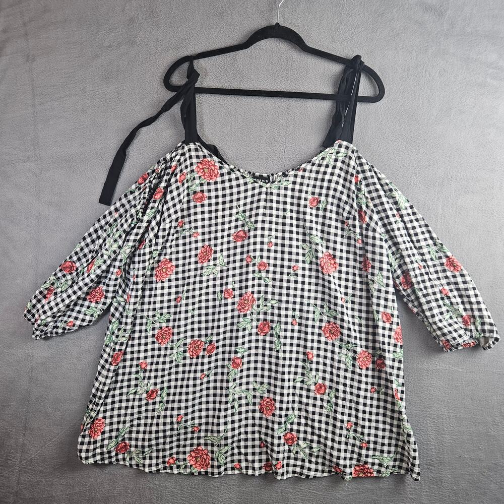 Torrid Gingham Floral Cold Shoulder Blouse Black White Rose Print Flowy Top Sz 4